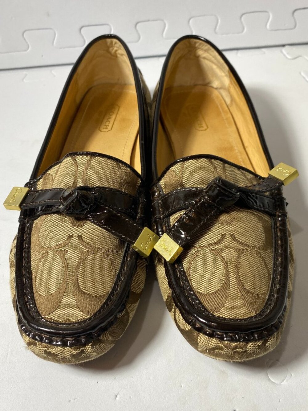 COACH Frida Signature Monogram Logo Canvas Bow Loafer Flats Black Patent Trim 8